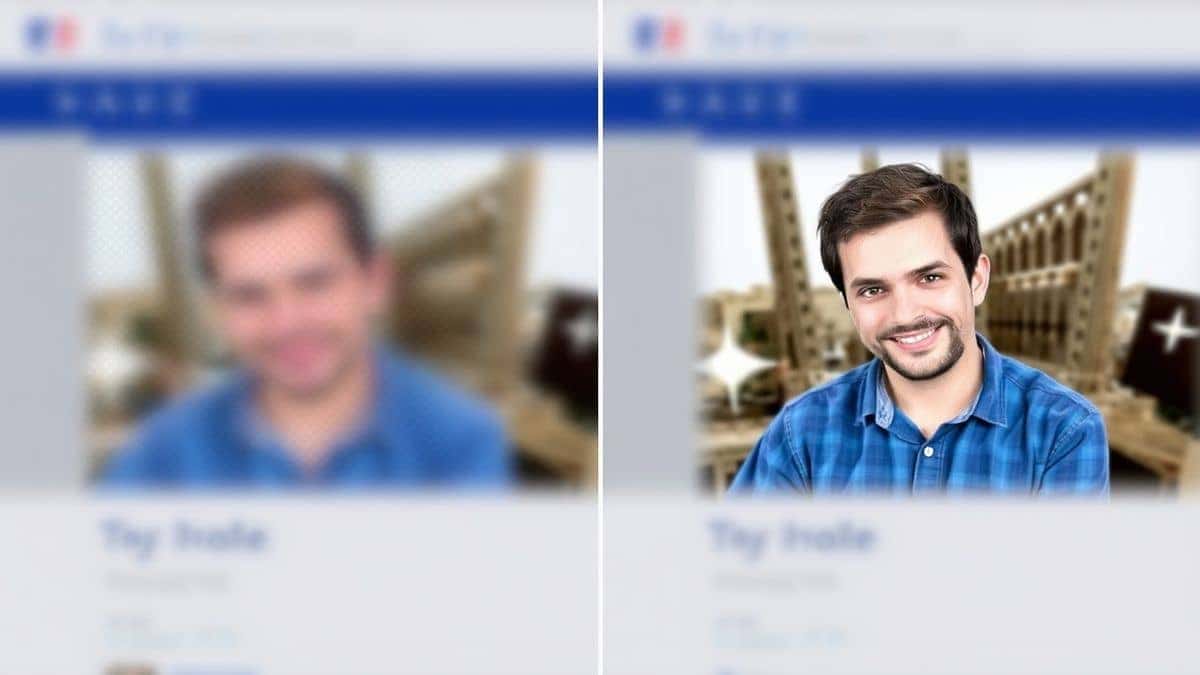 split screen comparison showing blurry pixelated facebook profile picture on left and sharp high quality optimized picture on right demonstrating successful image resize
