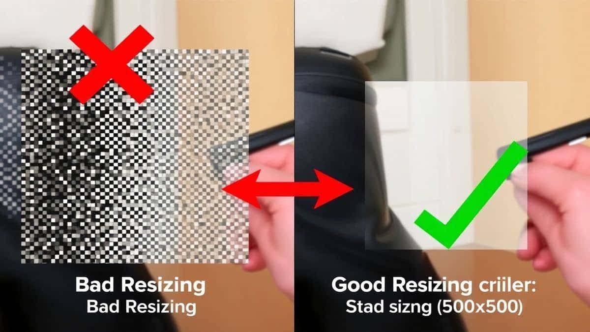 A split screen comparison visual. On the left, a pixelated and distorted image with a red 'X' over it labeled 'Bad Resizing'. On the right, a crisp, clear square image with a green checkmark labeled 'Good Resizing (500x500)'. Arrows point out details like aspect ratio preservation and clarity.
