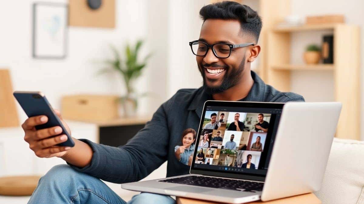 social media content creator smiling while reviewing perfectly formatted vertical images on multiple devices including smartphone tablet and laptop screen showing successful content workflow