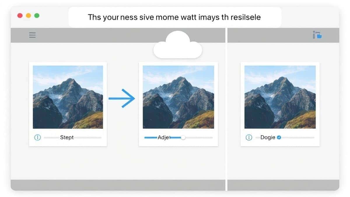 split screen illustration showing three steps of image resizing first step upload arrow pointing to cloud second step adjust with resize slider and third step download button with checkmark icon split screen illustration showing three steps of image resizing first step upload arrow pointing to cloud second step adjust with resize slider and third step download button with checkmark icon