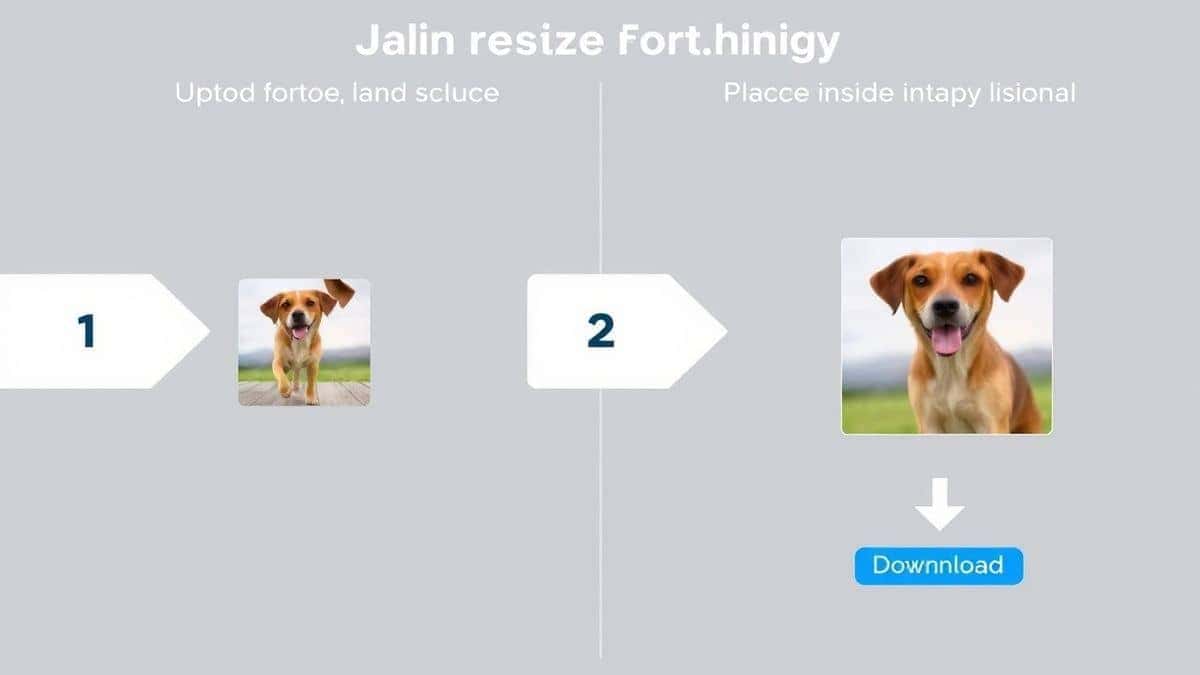 A four-panel graphic illustration showing the step-by-step process of resizing an image online. Panel 1 shows an upload arrow. Panel 2 shows a photo of a dog in a landscape format. Panel 3 shows the same photo placed inside a square canvas with blurred edges. Panel 4 shows a download button. Modern, flat design style