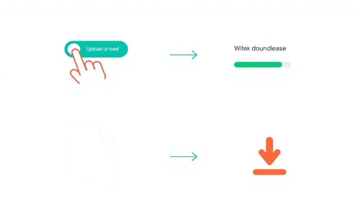 A four-panel infographic style image showing the process: Panel 1 a hand clicking an upload button, Panel 2 a progress bar loading, Panel 3 a checkmark showing success, Panel 4 a download icon with an arrow. Clean flat design with a light background.