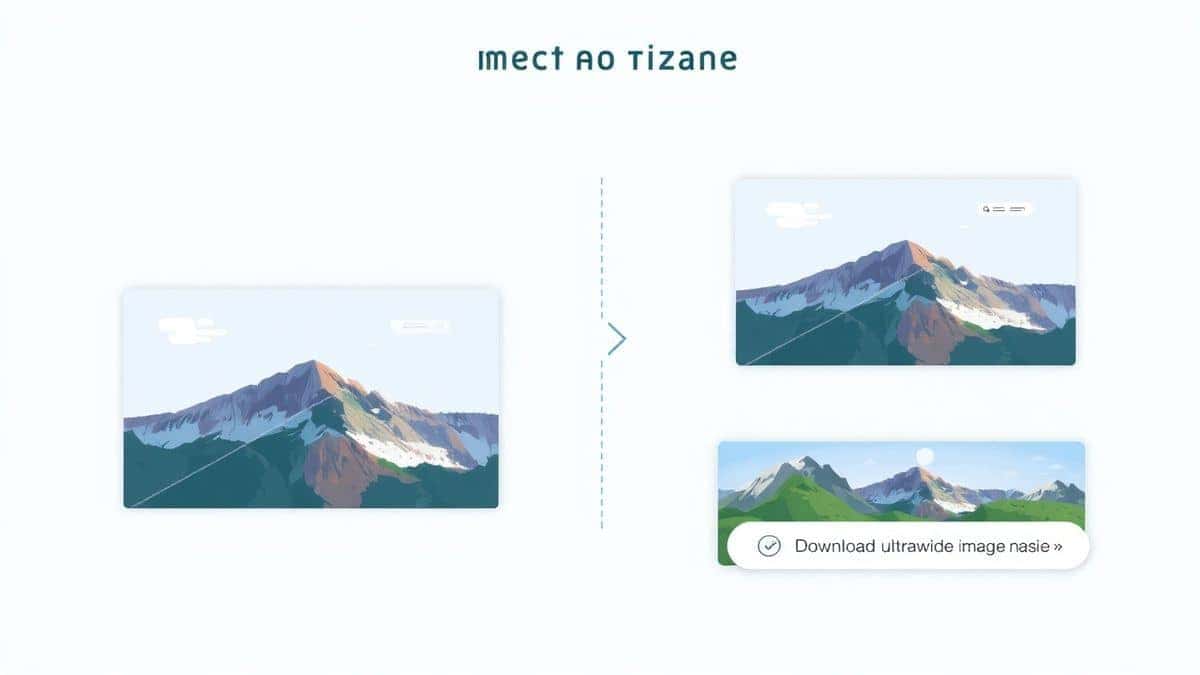 A four-panel illustration showing the image resizing process: panel one shows an upload arrow with a document icon, panel two displays a cropping frame overlay on a mountain landscape photo with visible adjustment handles, panel three shows a loading/progress indicator with checkmark, and panel four shows a download button with a completed ultrawide image preview. The style is flat vector illustration with soft blues and greens