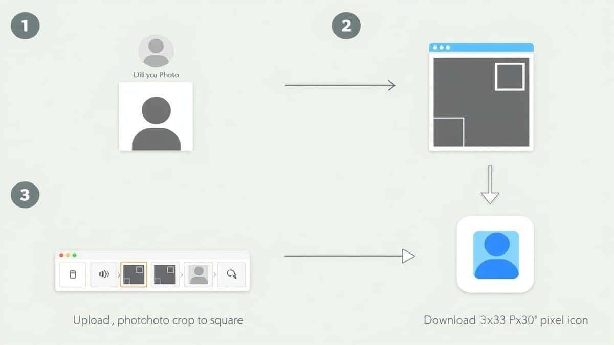 A visual step by step guide showing a user uploading a photo, the interface cropping it to a square, and then downloading the finished 32x32 pixel icon A visual step by step guide showing a user uploading a photo, the interface cropping it to a square, and then downloading the finished 32x32 pixel icon