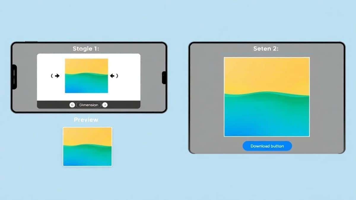 Split screen showing four sequential steps of image resizing step one upload arrow step two dimension selection step three preview step four download button colorful interface design