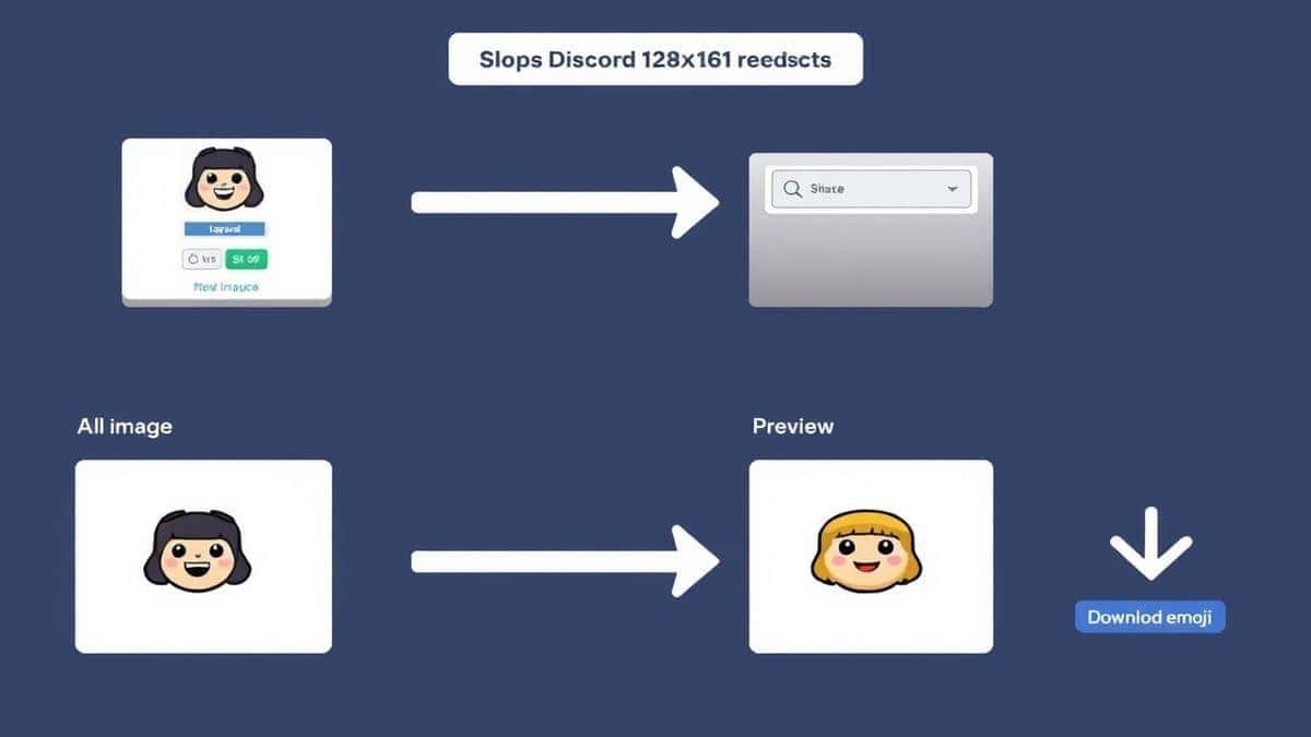 A visual step-by-step illustration showing four panels: uploading an image to a resizing tool, selecting the Discord 128x128 preset, previewing the result, and downloading the finished emoji file, with clean arrows connecting each step A visual step-by-step illustration showing four panels: uploading an image to a resizing tool, selecting the Discord 128x128 preset, previewing the result, and downloading the finished emoji file, with clean arrows connecting each step
