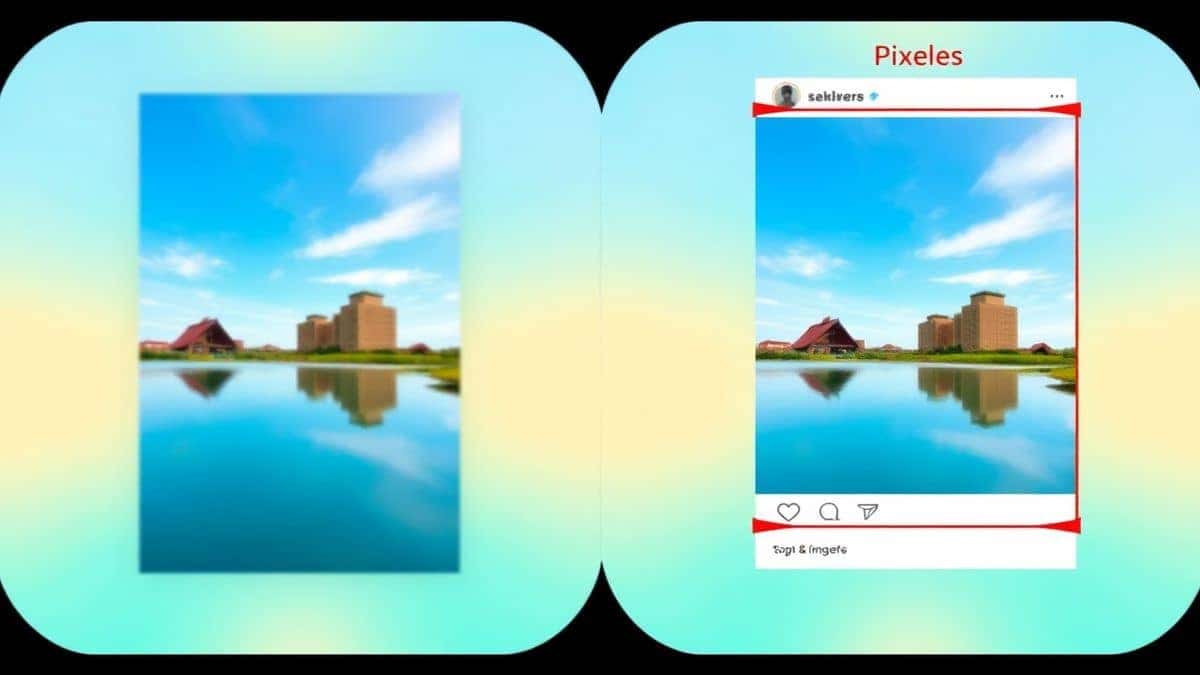 split screen comparison showing correctly sized instagram feed images next to poorly cropped examples with red overlays highlighting the differences pixel dimensions displayed in corners professional photography style lighting