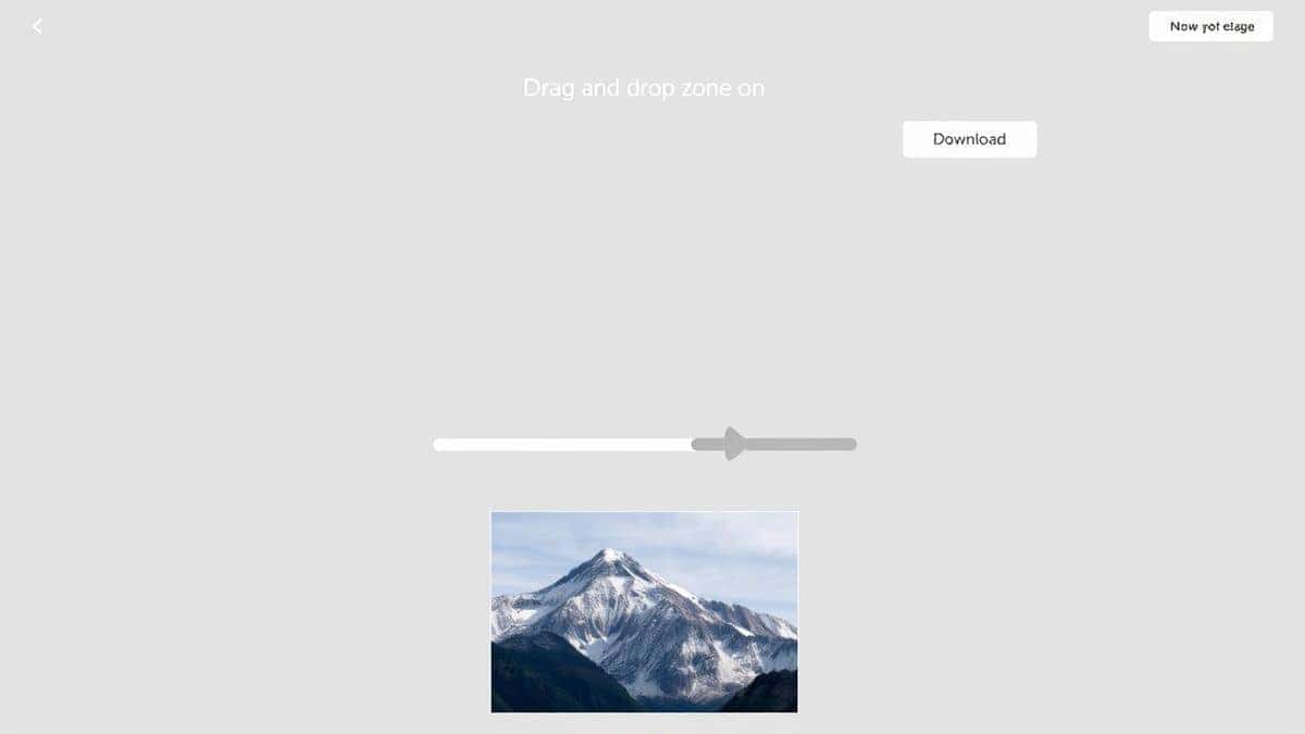 A clean, minimalist web interface showing an image upload area with a drag and drop zone, a progress bar, and a download button. The design is modern with soft shadows and a blue gradient accent. A sample image of a mountain landscape is shown being processed.