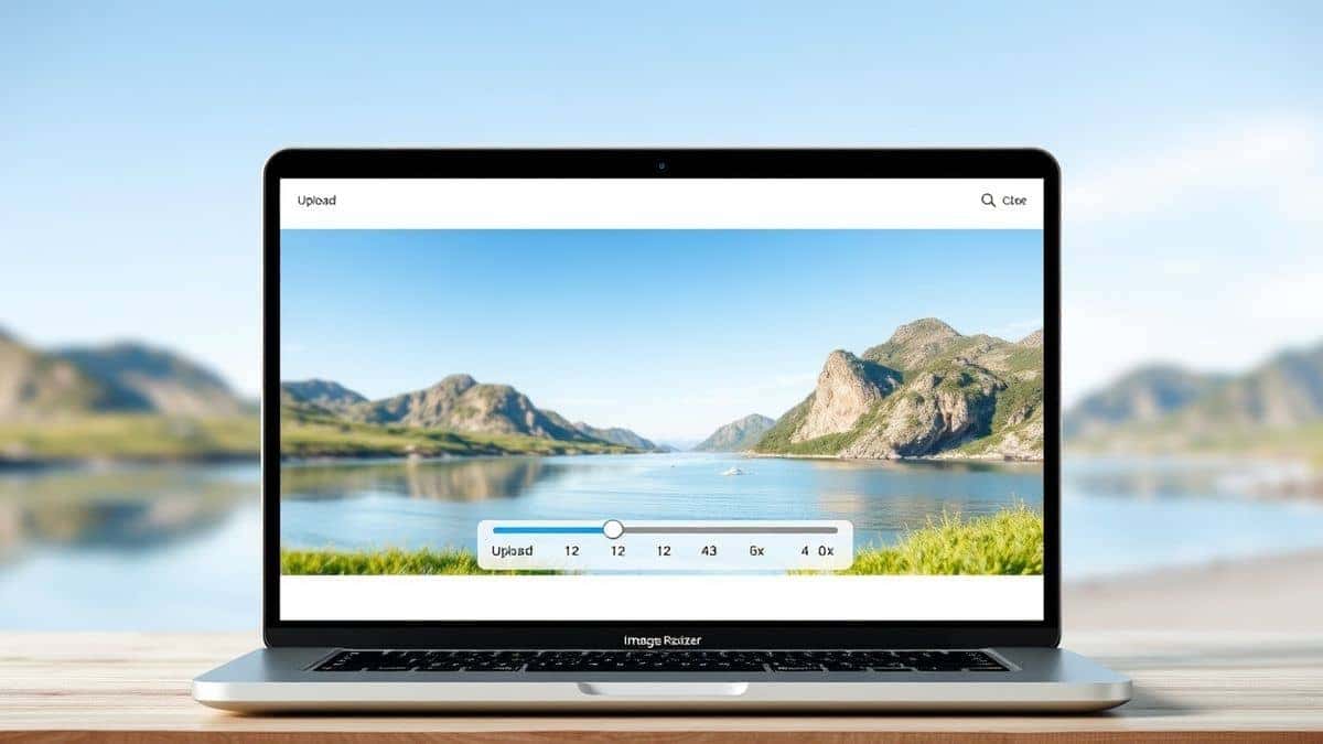 modern online image resizer interface clean ui with upload button and slider controls demonstrating image resizing process on a laptop screen high quality