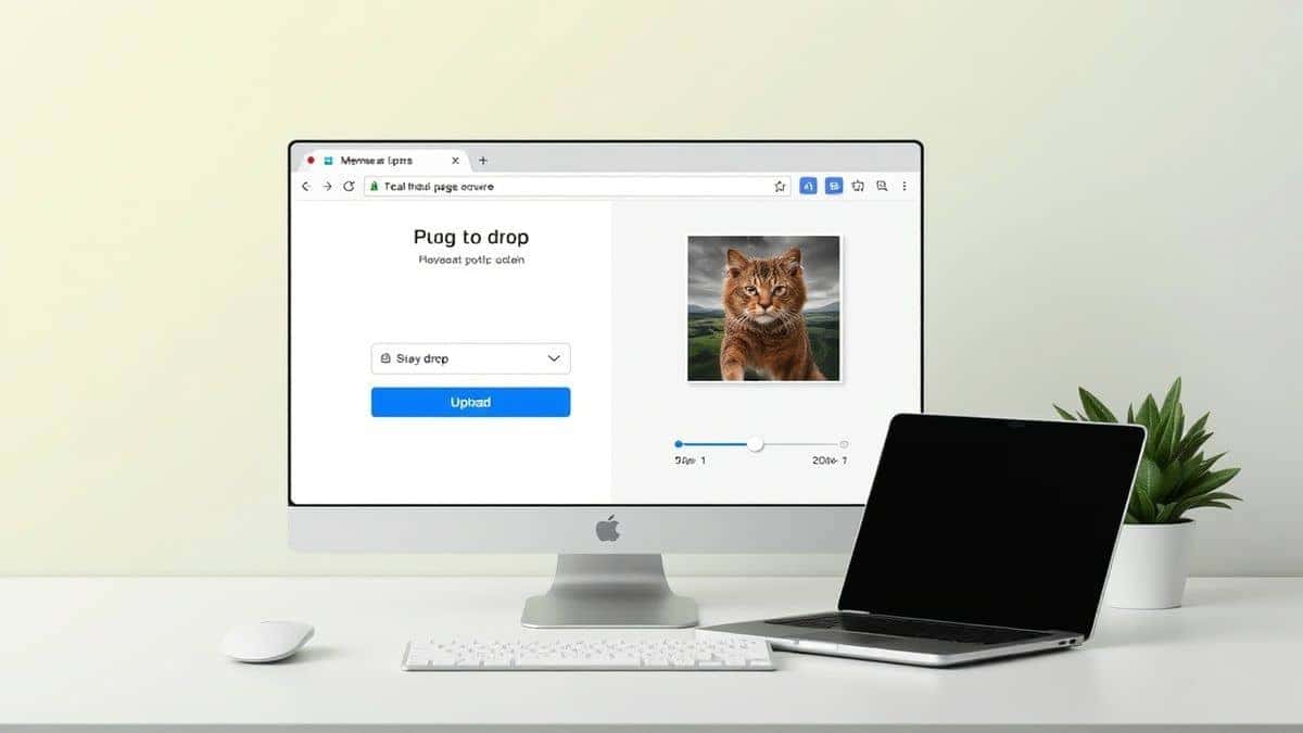 A clean, modern web browser interface showing a drag and drop upload area for an image resizer tool, with a high quality preview of a photo and size adjustment sliders, bright and professional workspace setting