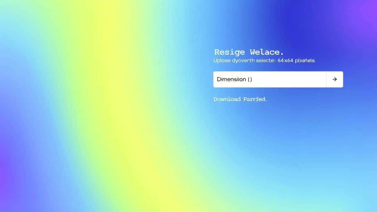 Clean modern web interface showing an image resizing tool with upload area, dimension selector showing 64x64 pixels selected, and download button with progress indicator on white background