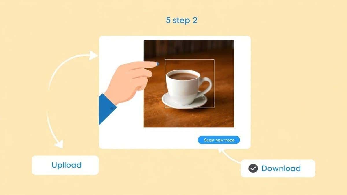 A three-step visual guide on a bright, modern interface. Step 1 shows an arrow pointing to an 'Upload' button. Step 2 shows a hand adjusting a square crop overlay on a photo of a coffee cup. Step 3 shows a 'Download' button with a checkmark. Clean, flat illustration style with soft colors.