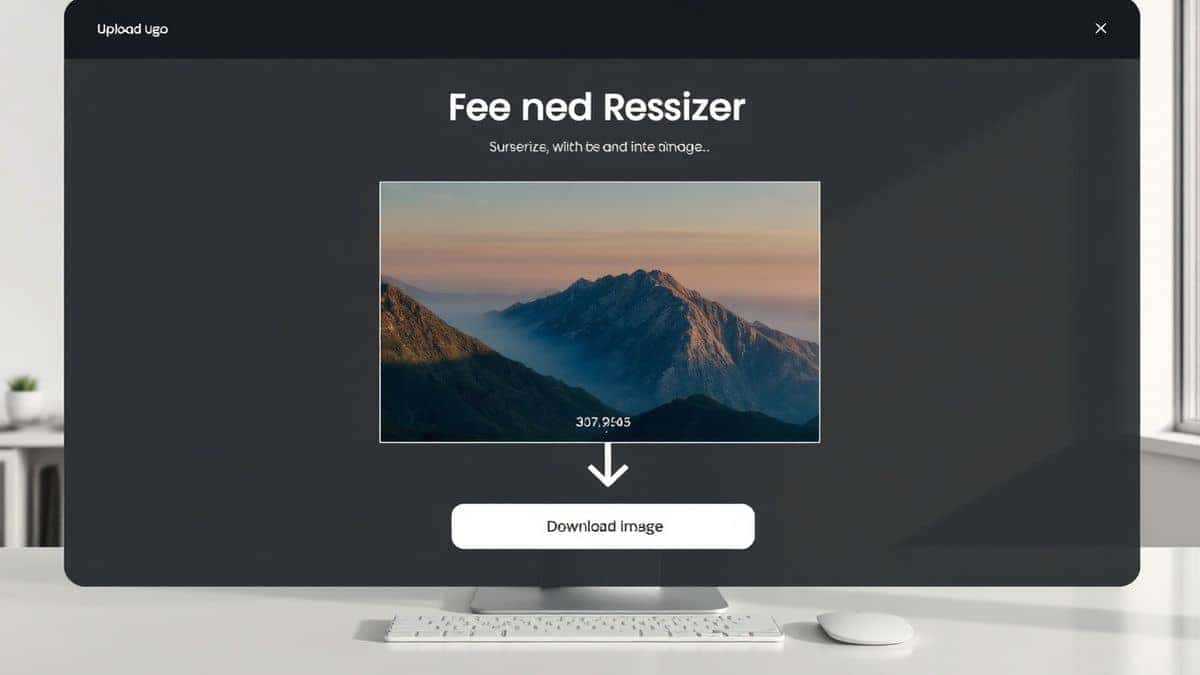 modern online image resizer interface with a clean white background, a bright green upload button, a preview section showing a lifestyle photo being cropped to pinterest dimensions, and a prominent download button, high quality professional lighting