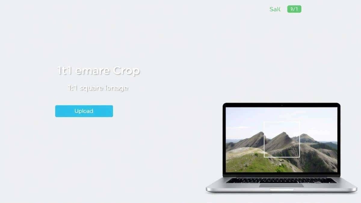 A clean, modern web interface showing an image upload area with a 1:1 square crop overlay. The interface is minimalist, with an upload button and a preview of the final square image on a laptop screen. High quality, bright, and professional.