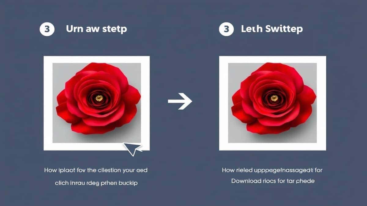 step by step infographic showing upload image selection twitter preset menu clicking resize button and download arrow clean interface with sample photo